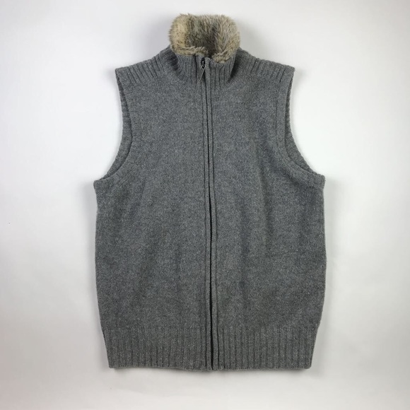 Eddie Bauer Mens Turtleneck Vest Gray Faux Fur L - Picture 1 of 4